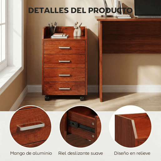 Vinsetto Bloco de Gavetas de Escritório com Rodas Bloco de Gavetas com 4 Gavetas Organizador Móvel para Escritório Sala ou Quarto 40x36x65 cm Castanho