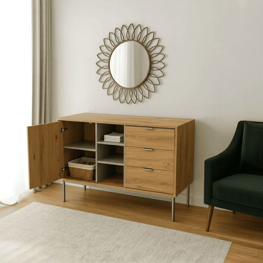 Aparador com 3 gavetas, buffet para sala de estar, armário auxiliar Sforza para sala de estarjantar, carvalho natural, 120x75x40 cm