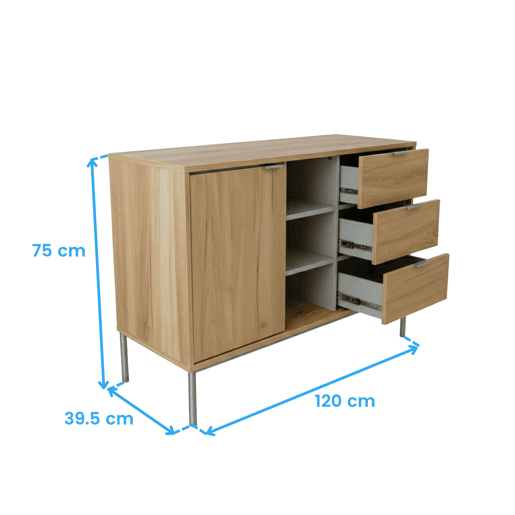 Aparador com 3 gavetas, buffet para sala de estar, armário auxiliar Sforza para sala de estarjantar, carvalho natural, 120x75x40 cm