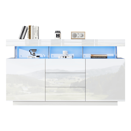 Aparador de painel de partículas com 2 portas,3 gavetas e luz led,branco