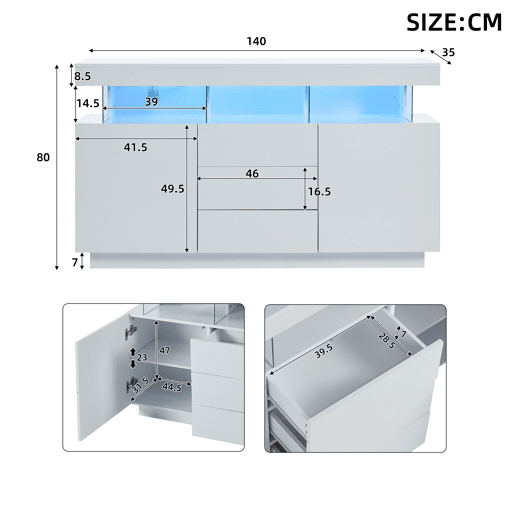 Aparador de painel de partículas com 2 portas,3 gavetas e luz led,branco