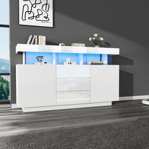 Aparador de painel de partículas com 2 portas,3 gavetas e luz led,branco