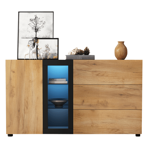 Aparador de painel de partículas com 1 porta,3 gavetas e luz led,natural+preto