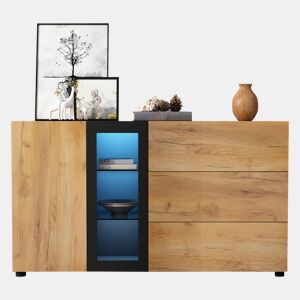 Aparador de painel de partículas com 1 porta,3 gavetas e luz led,natural+preto