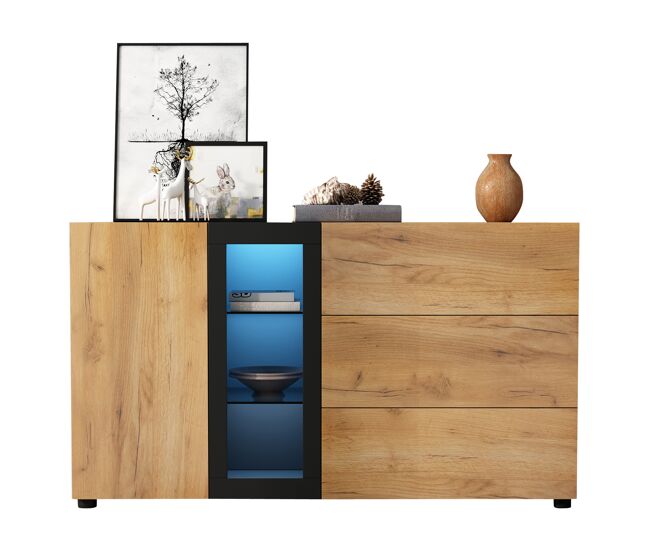 Aparador de panel de partículas con 1 puerta,3 cajones y luz led,natural+negro