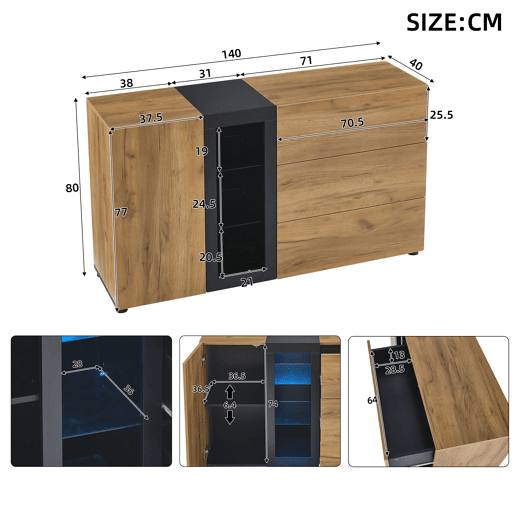 Aparador de painel de partículas com 1 porta,3 gavetas e luz led,natural+preto
