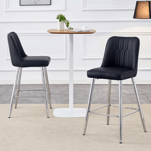Conjunto de 2 bancos de bar, 100 cm - Couro sintético preto com estrutura metálica prateada - Ideal para balcão de casa
