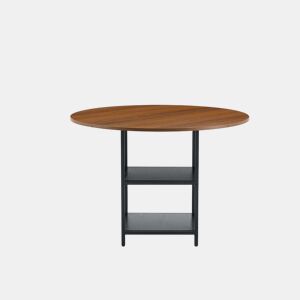 Mesa redonda 107 cm - Duas prateleiras, MDF + estrutura metálica - Cor nogueira