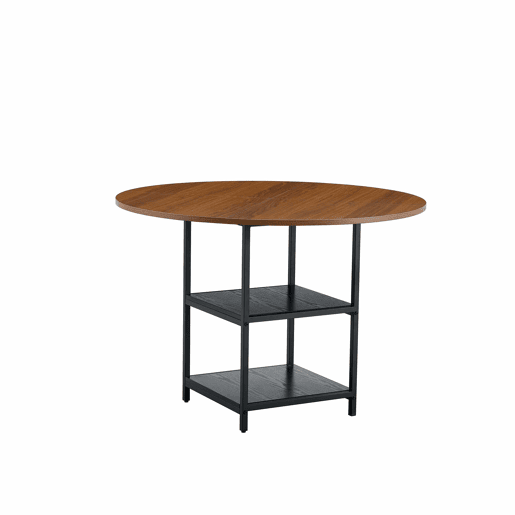 Mesa redonda 107 cm - Duas prateleiras, MDF + estrutura metálica - Cor nogueira