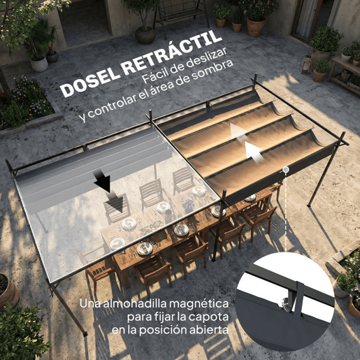 Outsunny Pérgola com Teto Retrátil Pérgola de Alumínio 588x297x230 cm Pérgola com Tecido de Poliéster Anti UV Pérgola de Jardim Exterior Cinzento Escuro