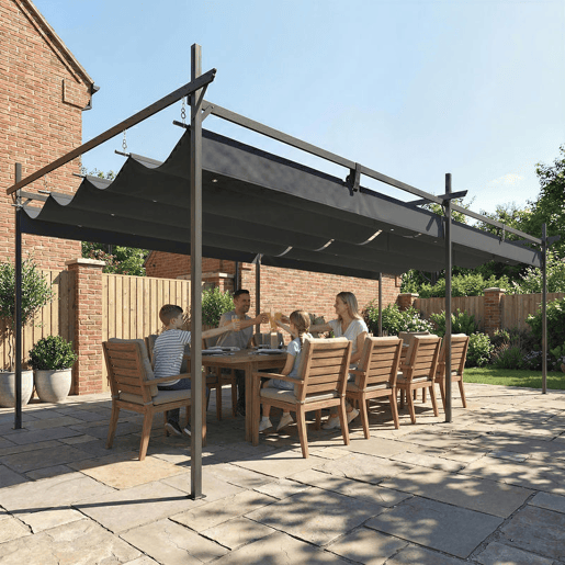 Outsunny Pérgola com Teto Retrátil Pérgola de Alumínio 588x297x230 cm Pérgola com Tecido de Poliéster Anti UV Pérgola de Jardim Exterior Cinzento Escuro