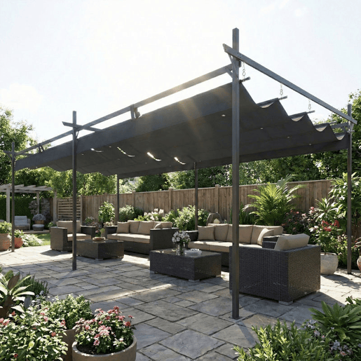 Outsunny Pérgola com Teto Retrátil Pérgola de Alumínio 588x297x230 cm Pérgola com Tecido de Poliéster Anti UV Pérgola de Jardim Exterior Cinzento Escuro