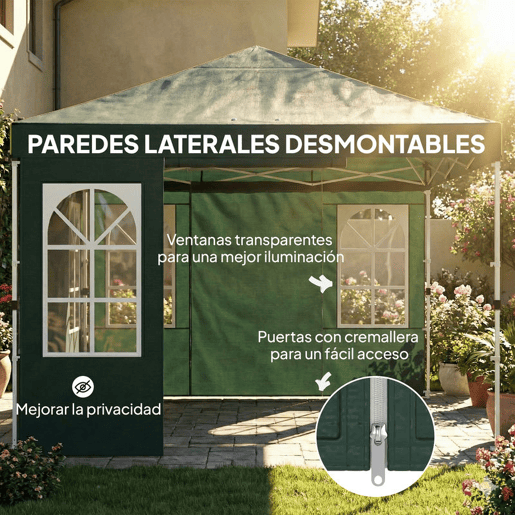 Outsunny Tenda Dobrável 3x3 m Pop-up com 4 Laterais Removíveis, Tenda de Jardim com UPF50+, Bloqueio Central, Altura Ajustável, Bolsa de Transporte, Sacos de Areia, Tenda para Exterior Verde