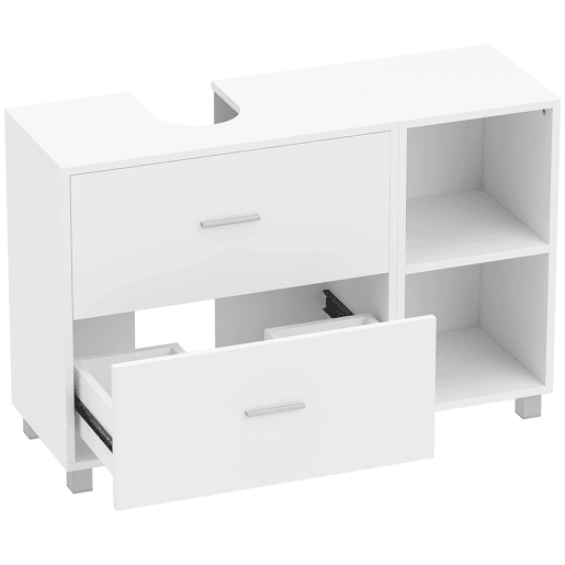 HOMCOM Móvel para Lavatório, Armário de Casa de Banho com 2 Gavetas e 2 Prateleiras Abertas, Estilo Moderno, para Lavatório com Pedestal, 90x30x60 cm, Branco
