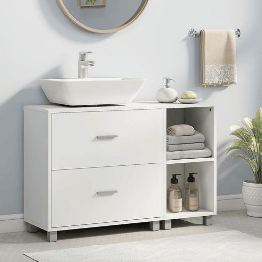 HOMCOM Móvel para Lavatório, Armário de Casa de Banho com 2 Gavetas e 2 Prateleiras Abertas, Estilo Moderno, para Lavatório com Pedestal, 90x30x60 cm, Branco