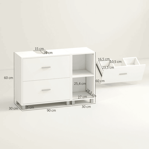 HOMCOM Móvel para Lavatório, Armário de Casa de Banho com 2 Gavetas e 2 Prateleiras Abertas, Estilo Moderno, para Lavatório com Pedestal, 90x30x60 cm, Branco