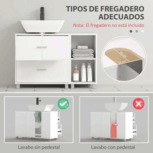 HOMCOM Móvel para Lavatório, Armário de Casa de Banho com 2 Gavetas e 2 Prateleiras Abertas, Estilo Moderno, para Lavatório com Pedestal, 90x30x60 cm, Branco
