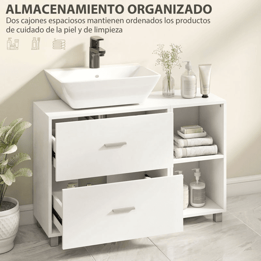 HOMCOM Móvel para Lavatório, Armário de Casa de Banho com 2 Gavetas e 2 Prateleiras Abertas, Estilo Moderno, para Lavatório com Pedestal, 90x30x60 cm, Branco
