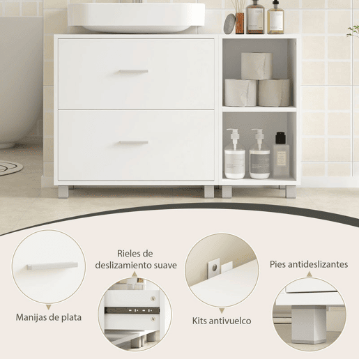 HOMCOM Móvel para Lavatório, Armário de Casa de Banho com 2 Gavetas e 2 Prateleiras Abertas, Estilo Moderno, para Lavatório com Pedestal, 90x30x60 cm, Branco
