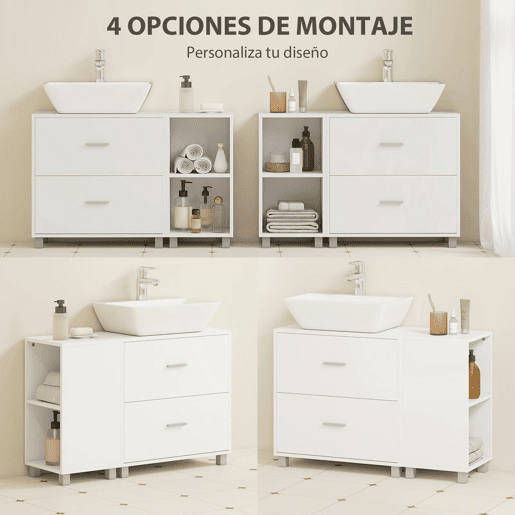 HOMCOM Móvel para Lavatório, Armário de Casa de Banho com 2 Gavetas e 2 Prateleiras Abertas, Estilo Moderno, para Lavatório com Pedestal, 90x30x60 cm, Branco