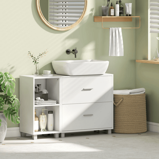HOMCOM Móvel para Lavatório, Armário de Casa de Banho com 2 Gavetas e 2 Prateleiras Abertas, Estilo Moderno, para Lavatório com Pedestal, 90x30x60 cm, Branco