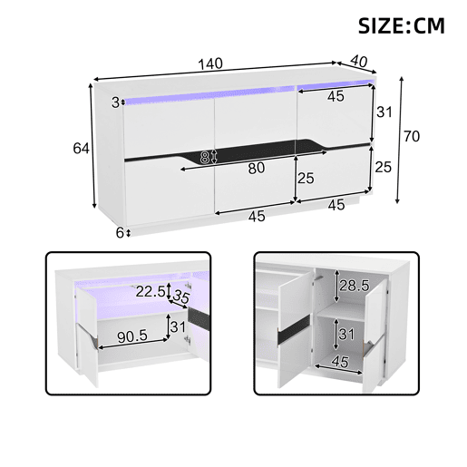 Aparador de painel de partículas com 3 portas,branco