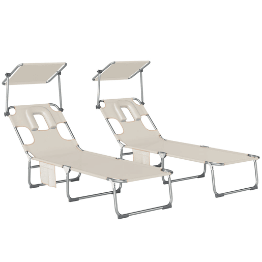 Outsunny Conjunto de 2 Espreguiçadeiras Dobráveis com Dossel 360° Encosto 5 Posições Orifício Facial e Textilene 550 gm² 188x56x27 cm Bege