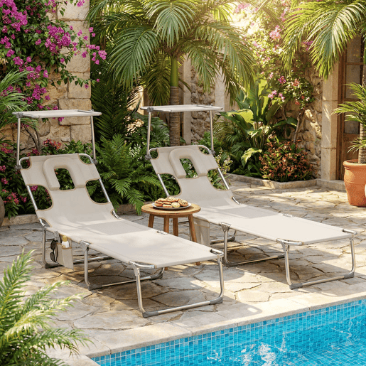 Outsunny Conjunto de 2 Espreguiçadeiras Dobráveis com Dossel 360° Encosto 5 Posições Orifício Facial e Textilene 550 gm² 188x56x27 cm Bege