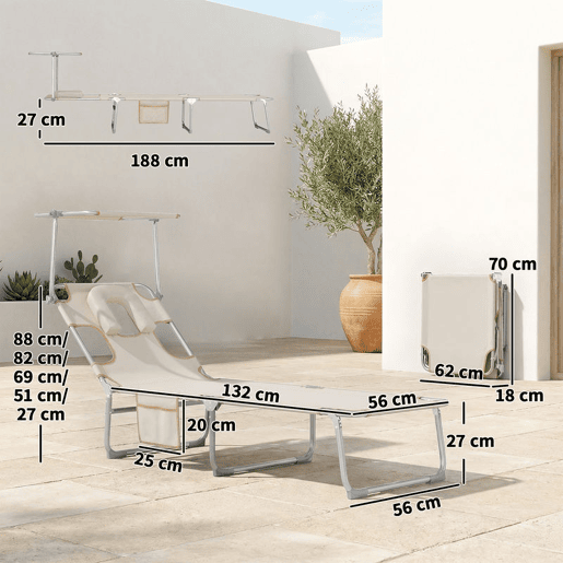 Outsunny Conjunto de 2 Espreguiçadeiras Dobráveis com Dossel 360° Encosto 5 Posições Orifício Facial e Textilene 550 gm² 188x56x27 cm Bege