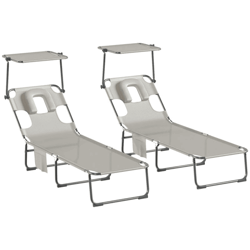 Outsunny Conjunto de 2 Espreguiçadeiras Dobráveis com Dossel 360° Encosto 5 Posições Orifício Facial e Textilene 550 gm² 188x56x27 cm Bege