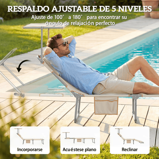Outsunny Conjunto de 2 Espreguiçadeiras Dobráveis com Dossel 360° Encosto 5 Posições Orifício Facial e Textilene 550 gm² 188x56x27 cm Bege