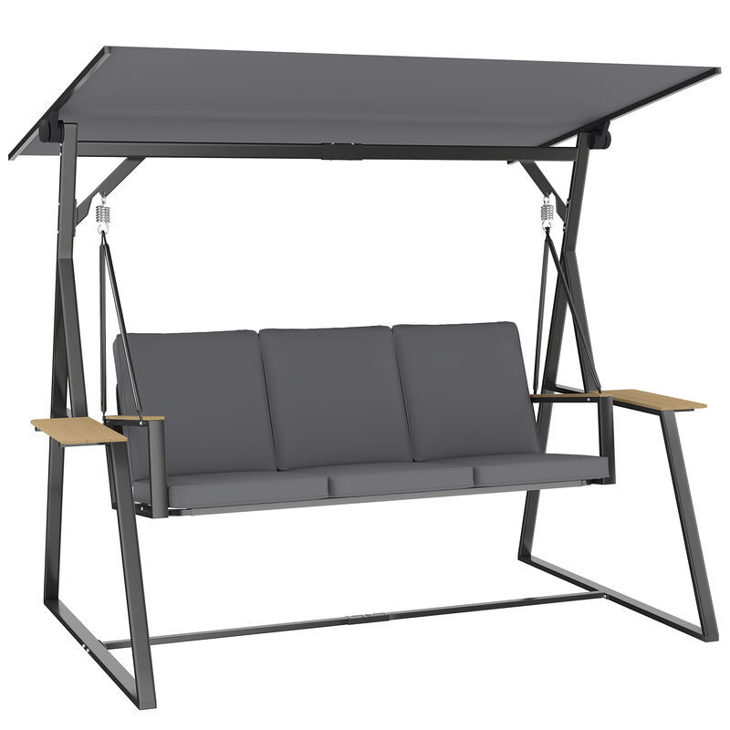 Outsunny columpio de jardín de 3 plazas, balancín de jardín exterior con techo ajustable upf50+, 2 bandejas, cojines y marco de metal, para balcón, terraza, patio, carga 360 kg, 222x131x175 cm, gris