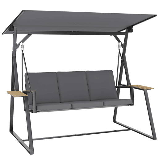 Outsunny Baloiço de Jardim de 3 Lugares Baloiço de Exterior com Teto Ajustável UPF50+ 2 Bandejas Almofadas e Estrutura em Metal para Varanda Terraço Pátio Capacidade 360 kg 222x131x175 cm Cinza