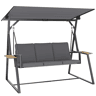 Outsunny Baloiço de Jardim de 3 Lugares Baloiço de Exterior com Teto Ajustável UPF50+ 2 Bandejas Almofadas e Estrutura em Metal para Varanda Terraço Pátio Capacidade 360 kg 222x131x175 cm Cinza