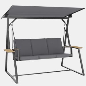 Outsunny Baloiço de Jardim de 3 Lugares Baloiço de Exterior com Teto Ajustável UPF50+ 2 Bandejas Almofadas e Estrutura em Metal para Varanda Terraço Pátio Capacidade 360 kg 222x131x175 cm Cinza