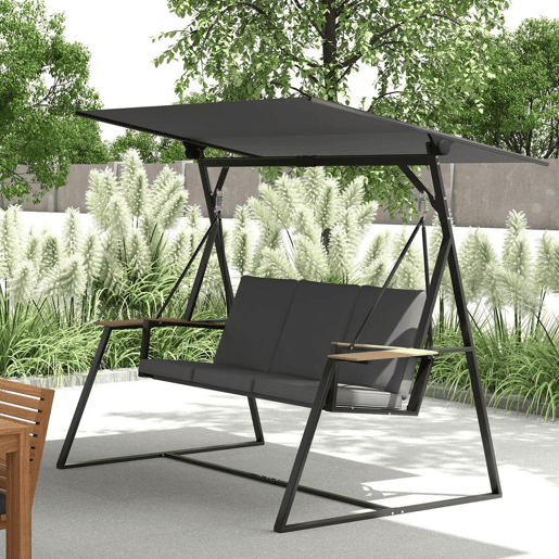 Outsunny Baloiço de Jardim de 3 Lugares Baloiço de Exterior com Teto Ajustável UPF50+ 2 Bandejas Almofadas e Estrutura em Metal para Varanda Terraço Pátio Capacidade 360 kg 222x131x175 cm Cinza