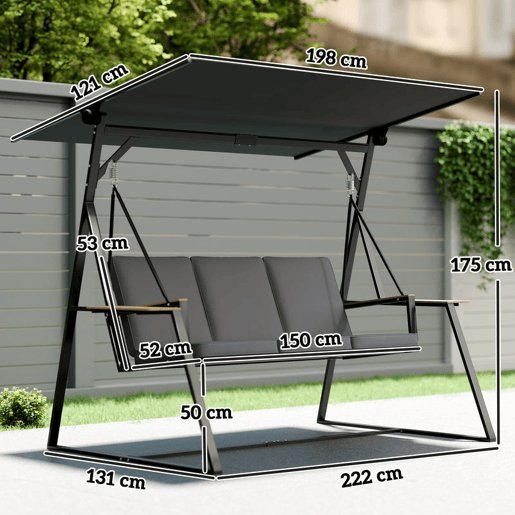 Outsunny Baloiço de Jardim de 3 Lugares Baloiço de Exterior com Teto Ajustável UPF50+ 2 Bandejas Almofadas e Estrutura em Metal para Varanda Terraço Pátio Capacidade 360 kg 222x131x175 cm Cinza