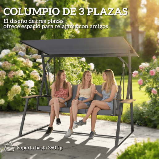 Outsunny Baloiço de Jardim de 3 Lugares Baloiço de Exterior com Teto Ajustável UPF50+ 2 Bandejas Almofadas e Estrutura em Metal para Varanda Terraço Pátio Capacidade 360 kg 222x131x175 cm Cinza