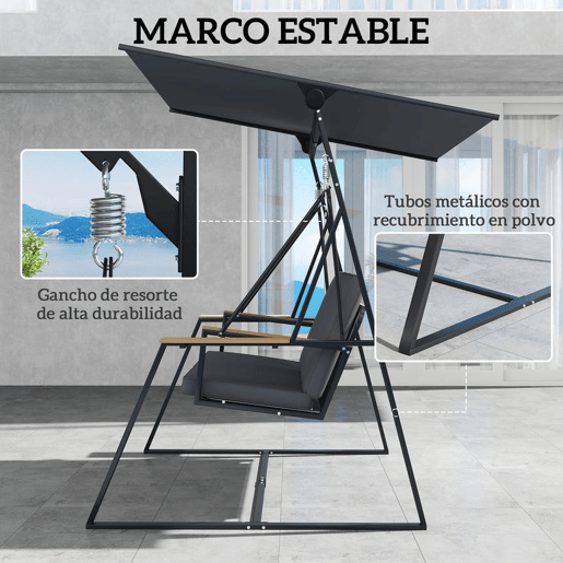 Outsunny Baloiço de Jardim de 3 Lugares Baloiço de Exterior com Teto Ajustável UPF50+ 2 Bandejas Almofadas e Estrutura em Metal para Varanda Terraço Pátio Capacidade 360 kg 222x131x175 cm Cinza