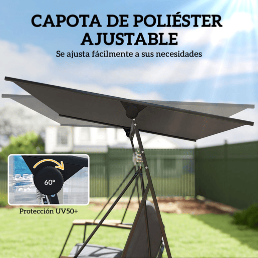 Outsunny Baloiço de Jardim de 3 Lugares Baloiço de Exterior com Teto Ajustável UPF50+ 2 Bandejas Almofadas e Estrutura em Metal para Varanda Terraço Pátio Capacidade 360 kg 222x131x175 cm Cinza
