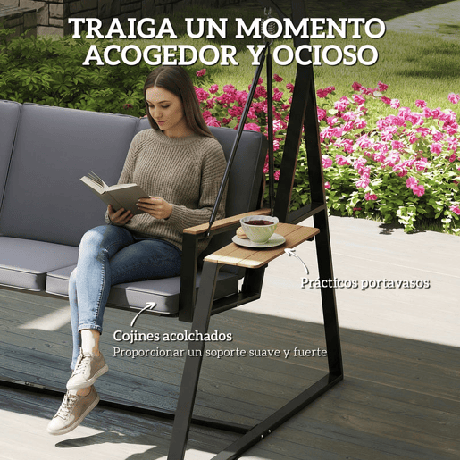 Outsunny Baloiço de Jardim de 3 Lugares Baloiço de Exterior com Teto Ajustável UPF50+ 2 Bandejas Almofadas e Estrutura em Metal para Varanda Terraço Pátio Capacidade 360 kg 222x131x175 cm Cinza