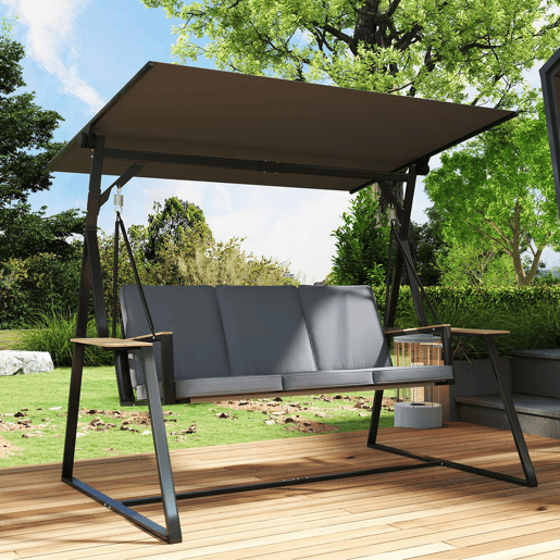 Outsunny Baloiço de Jardim de 3 Lugares Baloiço de Exterior com Teto Ajustável UPF50+ 2 Bandejas Almofadas e Estrutura em Metal para Varanda Terraço Pátio Capacidade 360 kg 222x131x175 cm Cinza