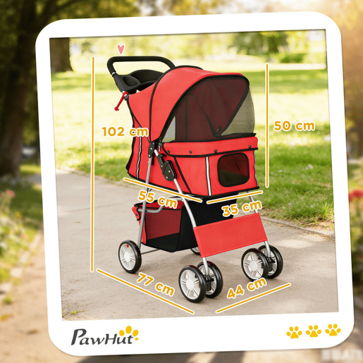 PawHut Carrinho para Cães Dobrável, Carrinho para Cães Pequenos com Cesta de Armazenamento, Janelas de Malha, Suportes para Copos, Rodas EVA, Almofada Lavável, Travões, Carga 10 kg, 77x44x102 cm, Vermelho