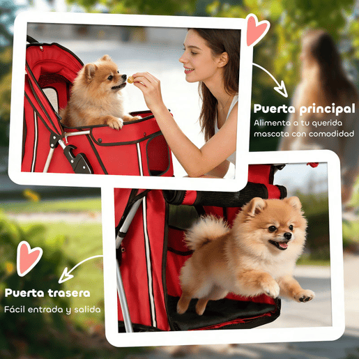 PawHut Carrinho para Cães Dobrável, Carrinho para Cães Pequenos com Cesta de Armazenamento, Janelas de Malha, Suportes para Copos, Rodas EVA, Almofada Lavável, Travões, Carga 10 kg, 77x44x102 cm, Vermelho