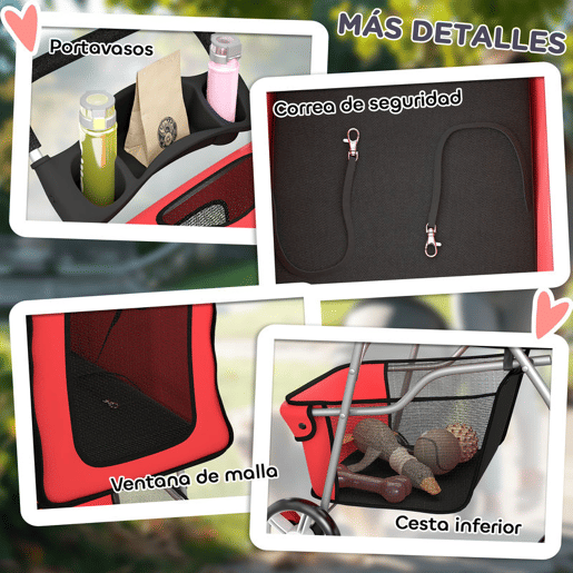 PawHut Carrinho para Cães Dobrável, Carrinho para Cães Pequenos com Cesta de Armazenamento, Janelas de Malha, Suportes para Copos, Rodas EVA, Almofada Lavável, Travões, Carga 10 kg, 77x44x102 cm, Vermelho