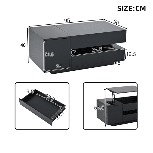 Mesa de centro elevável retangular de painel de partículas com luz led,preto