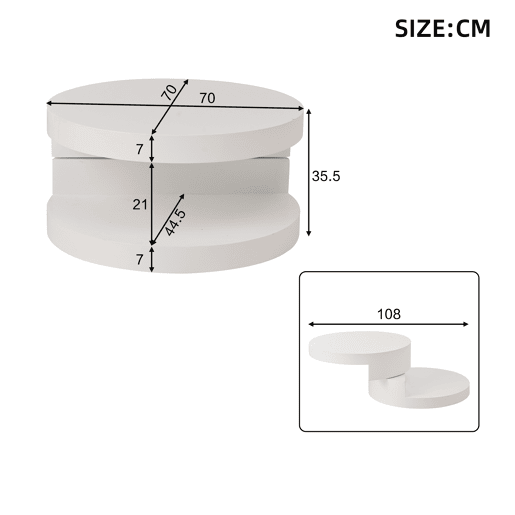 Mesa de centro giratória redonda de mdf com luz led,branco