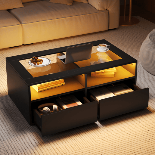 Mesa de centro retangular de painel de partículas com 2 gavetas e luz led,preto