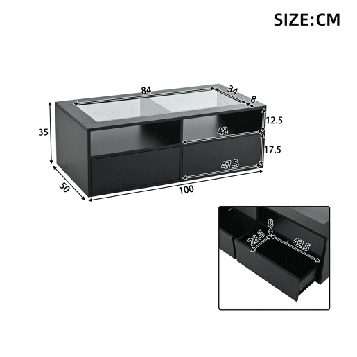 Mesa de centro retangular de painel de partículas com 2 gavetas e luz led,preto