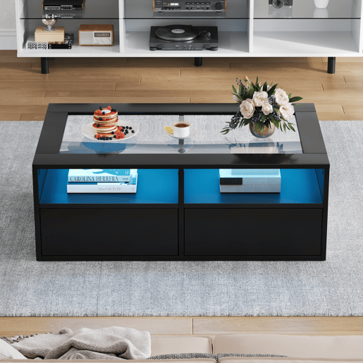 Mesa de centro retangular de painel de partículas com 2 gavetas e luz led,preto